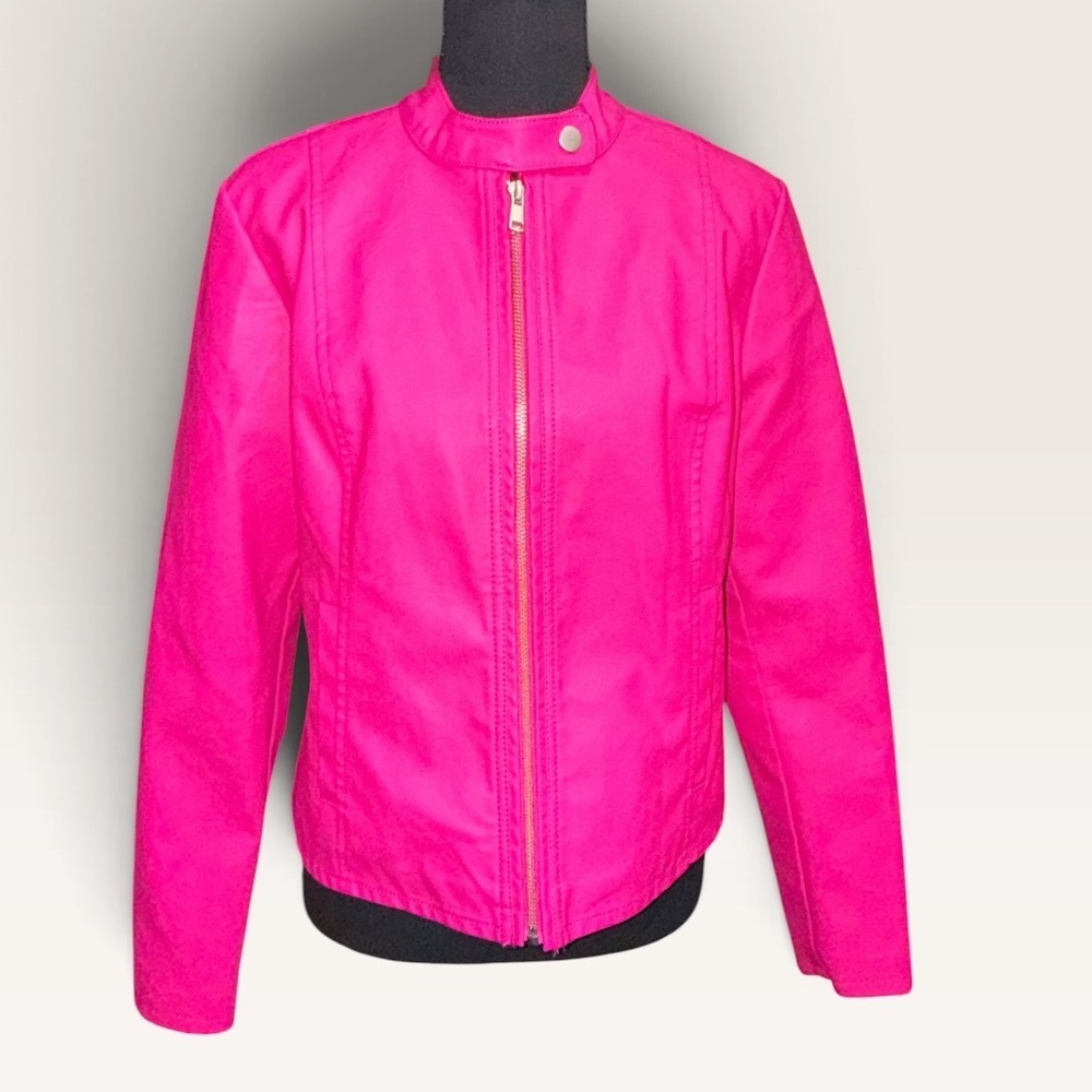 Baccini Hot Pink Faux Leather Moto Jacket Mandarin Collar Size PM